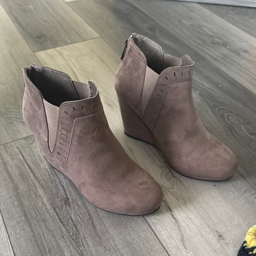 Taupe Suede Wedge Ankle Boots